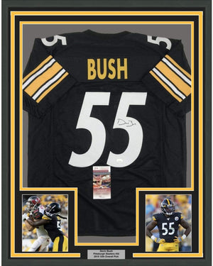Framed Autographed/Signed Devin Bush 35x39 Pittsburgh Black Football Jersey JSA COA