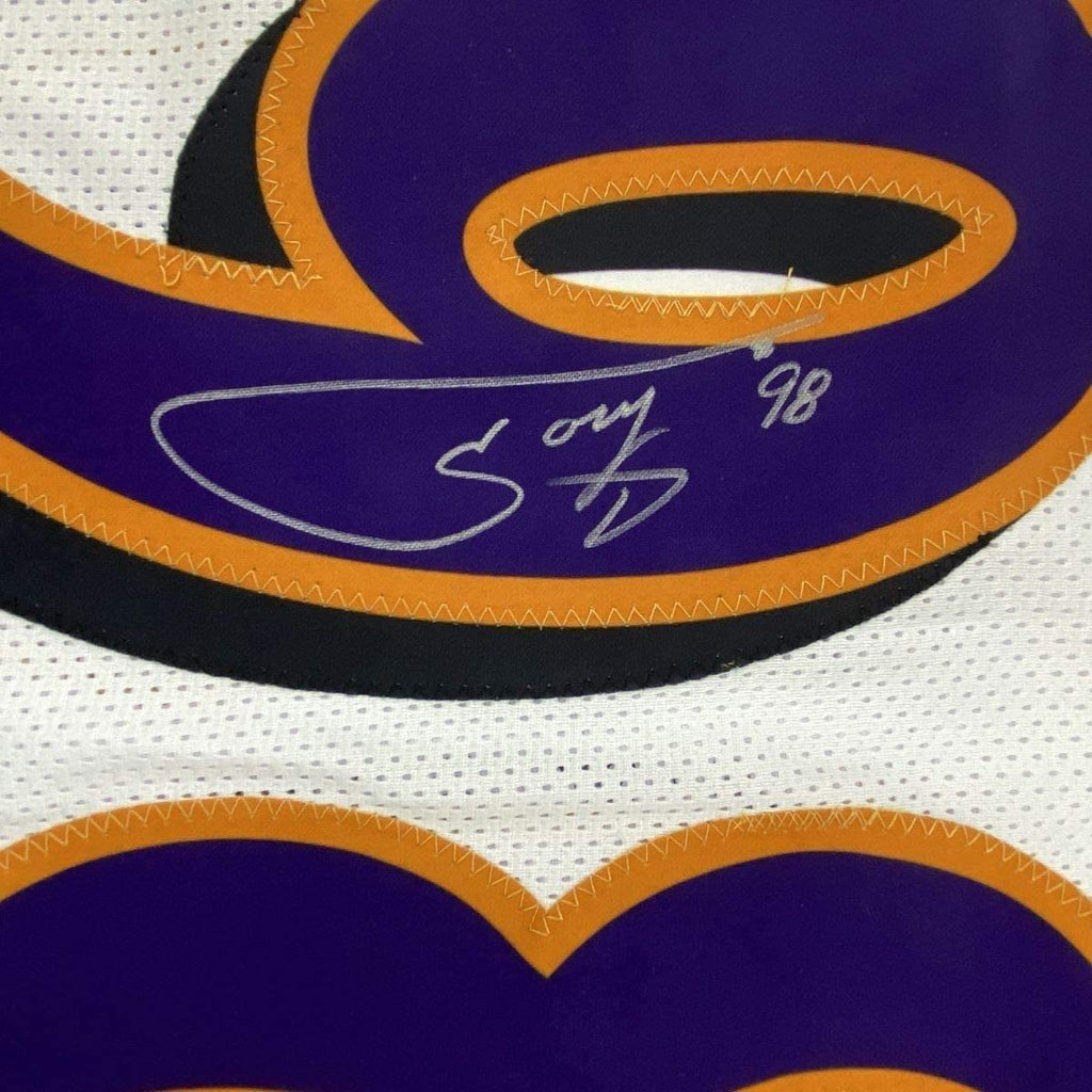 Framed Autographed/Signed Tony Siragusa 35x39 Baltimore White Football Jersey JSA COA