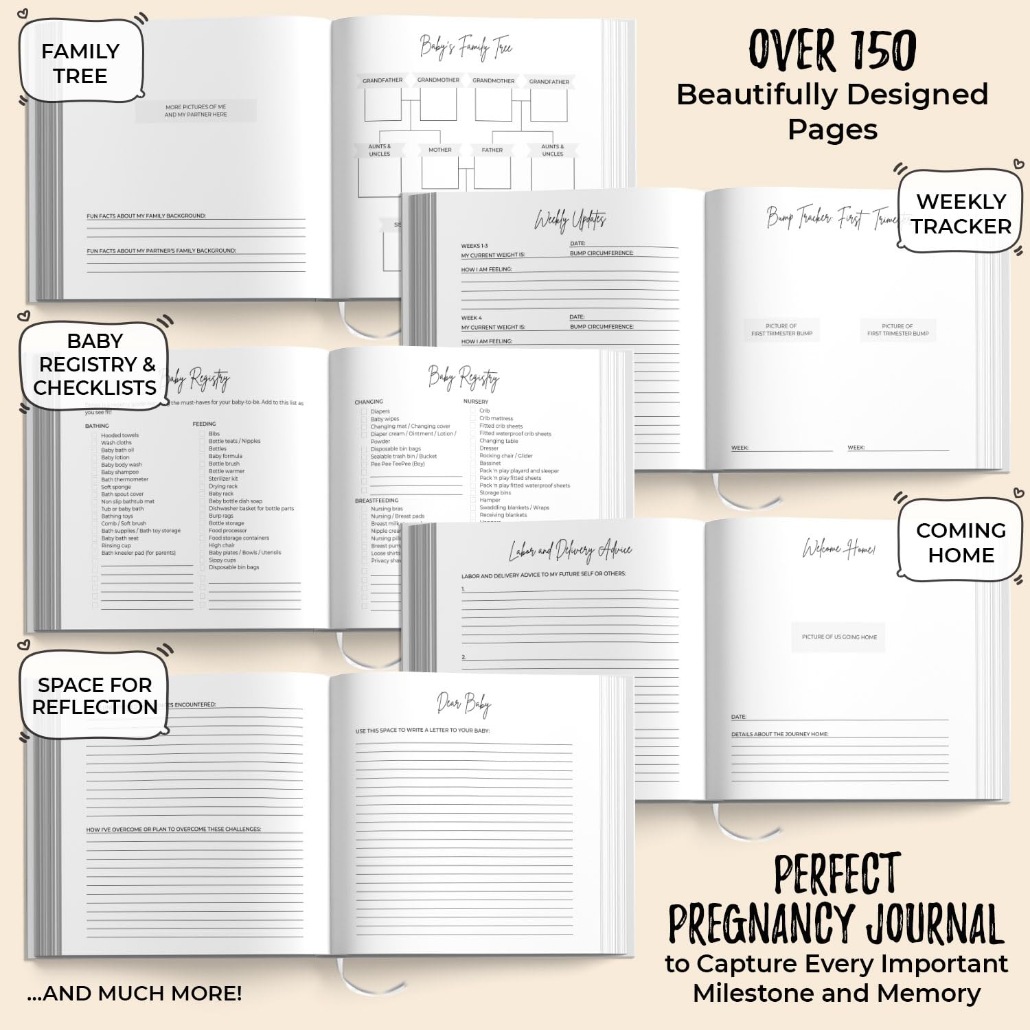 LUMOSX Pregnancy Journal Memory Book Baby Bump Stickers Beige Gender Neutral