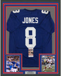 Framed Autographed/Signed Daniel Jones 35x39 New York Blue Football Jersey JSA COA