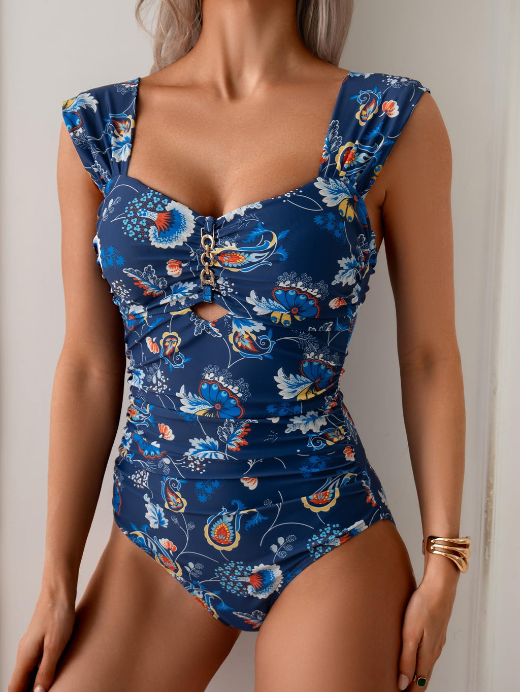 Eomenie Womens One Piece Tummy Control Push Up Wide Strap Navy Blue Print Size M