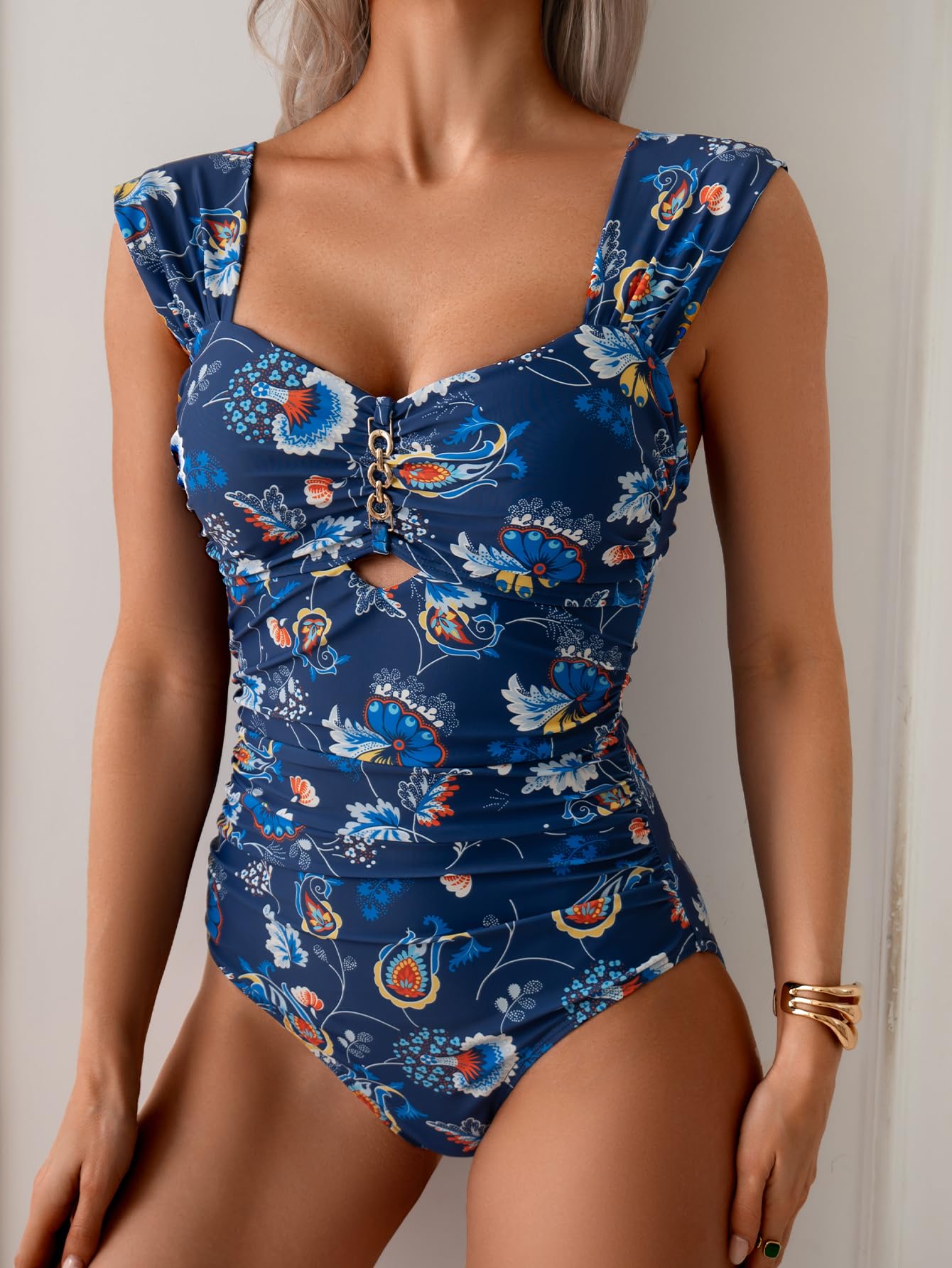 Eomenie Womens One Piece Tummy Control Push Up Wide Strap Navy Blue Print Size M
