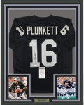 Framed Autographed/Signed Jim Plunkett 35x39 Oakland Black Football Jersey JSA COA