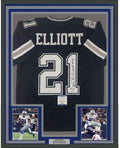 Framed Autographed/Signed Ezekiel Elliott 35x39 Dallas Dark Blue Football Jersey Beckett BAS COA