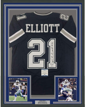 Framed Autographed/Signed Ezekiel Elliott 35x39 Dallas Dark Blue Football Jersey Beckett BAS COA