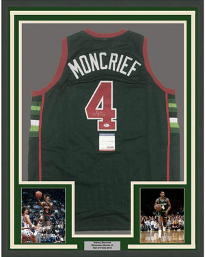 Framed Autographed/Signed Sidney Moncrief 35x39 Milwaukee Green/Red Basketball Jersey PSA/DNA COA