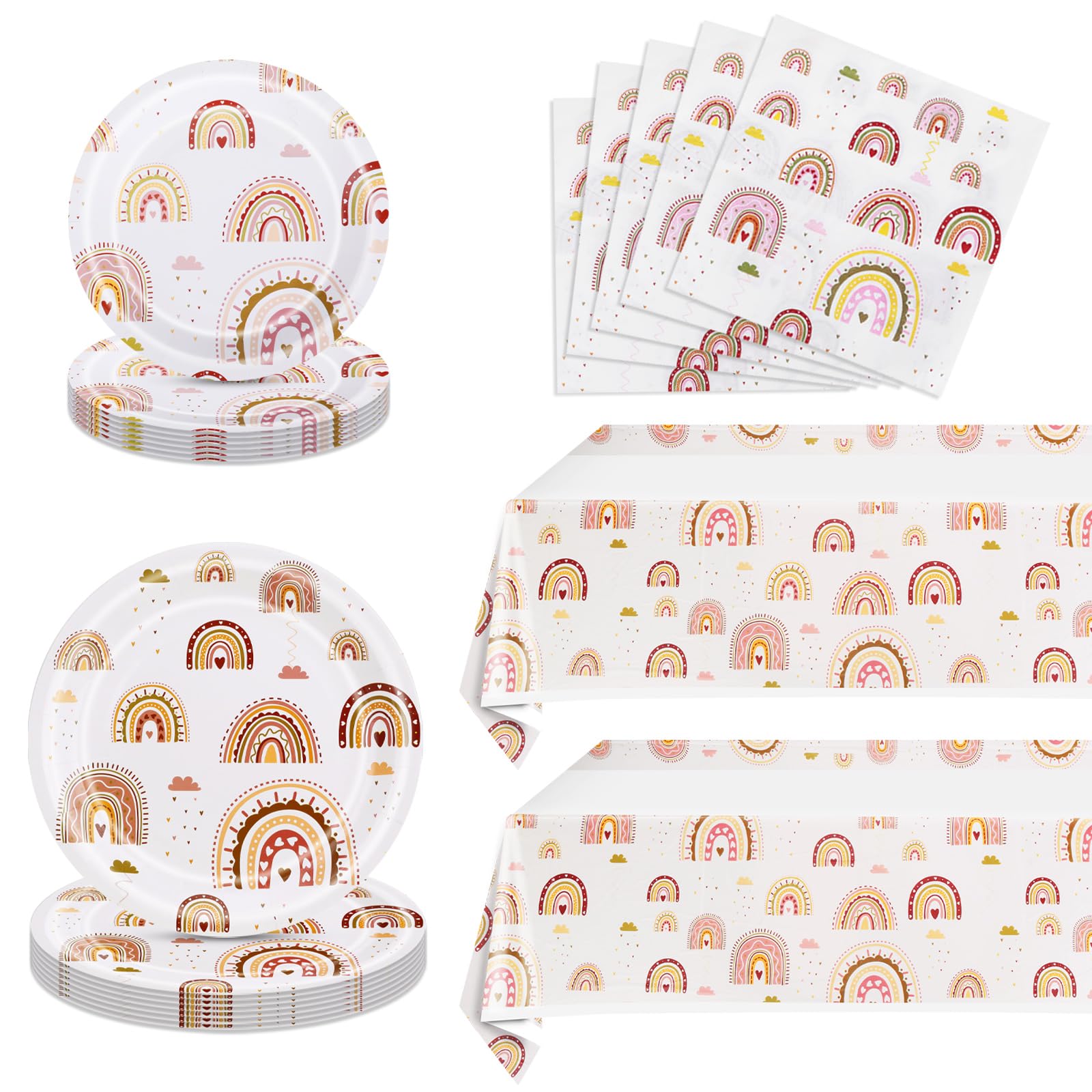 Ryzovo Boho Rainbow Party Supplies 62pcs Paper Plates Napkins Tablecloth