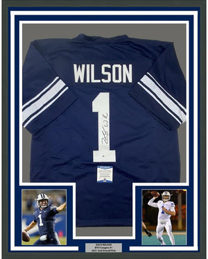 Framed Autographed/Signed Zach Wilson 35x39 BYU Blue College Football Jersey Beckett BAS COA