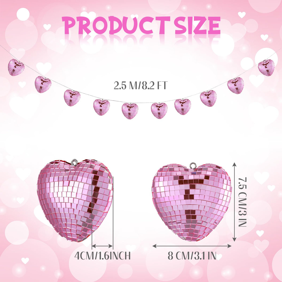 Mindsoft 8.2 ft Valentine's Day Pink Disco Heart Garland Farmhouse Heart Hanging Ornaments Mirror Disco Ball Modern Valentine's Day Decorations Gifts for Bride Shower Wedding Anniversary Party Favors