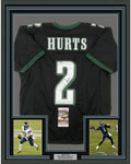 Framed Autographed/Signed Jalen Hurts 35x39 Philadelphia Black Football Jersey JSA COA