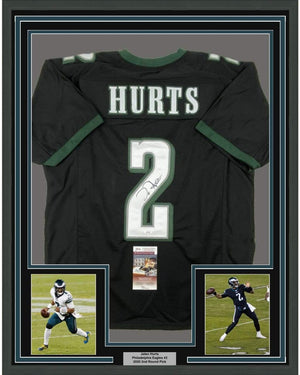 Framed Autographed/Signed Jalen Hurts 35x39 Philadelphia Black Football Jersey JSA COA