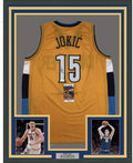 Framed Autographed/Signed Nikola Jokic 35x39 Denver Yellow Basketball Jersey JSA COA