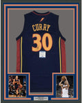 Framed Autographed/Signed Stephen Steph Curry 35x39 Golden State Blue Rookie Basketball Jersey Beckett BAS COA
