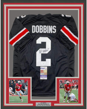 Framed Autographed/Signed JK J.K. Dobbins 35x39 Ohio State Black College Football Jersey JSA COA
