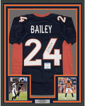 Framed Autographed/Signed Champ Bailey 35x39 Denver Blue Football Jersey Beckett BAS COA