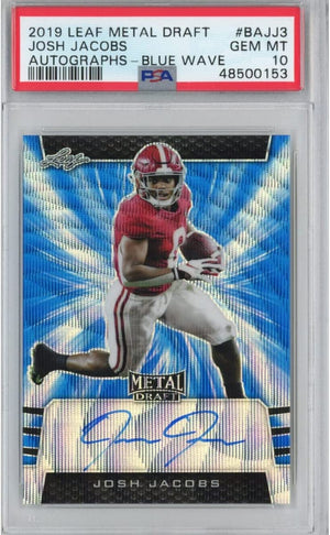 Graded 2019 Leaf Metal Draft Josh Jacobs #BAJJ3 Blue Wave #/20 Rookie RC Auto Football Card PSA 10 Gem Mint