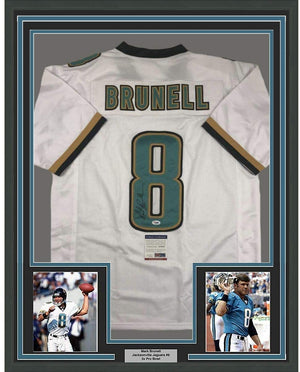 Framed Autographed/Signed Mark Brunell 35x39 Jacksonville White Football Jersey PSA/DNA COA