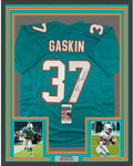 Framed Autographed/Signed Myles Gaskin 35x39 Miami Teal Football Jersey JSA COA