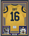 Framed Autographed/Signed Jared Goff 35x39 Los Angeles LA Yellow Color Rush Football Jersey Fanatics COA