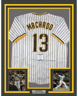 Framed Autographed/Signed Manny Machado 35x39 San Diego Pinstripe Baseball Jersey Beckett BAS COA