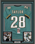 Framed Autographed/Signed Fred Taylor 35x39 Jacksonville Teal Football Jersey JSA COA