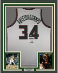 Framed Autographed/Signed Giannis Antetokounmpo 35x39 Milwaukee Retro White Basketball Jersey PSA/DNA COA