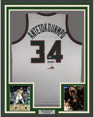 Framed Autographed/Signed Giannis Antetokounmpo 35x39 Milwaukee Retro White Basketball Jersey PSA/DNA COA
