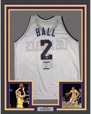 Framed Autographed/Signed Lonzo Ball 35x39 Los Angeles White Basketball Jersey Beckett BAS COA