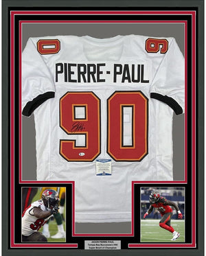 Framed Autographed/Signed Jason Pierre-Paul 35x39 Tampa Bay White Football Jersey Beckett BAS COA
