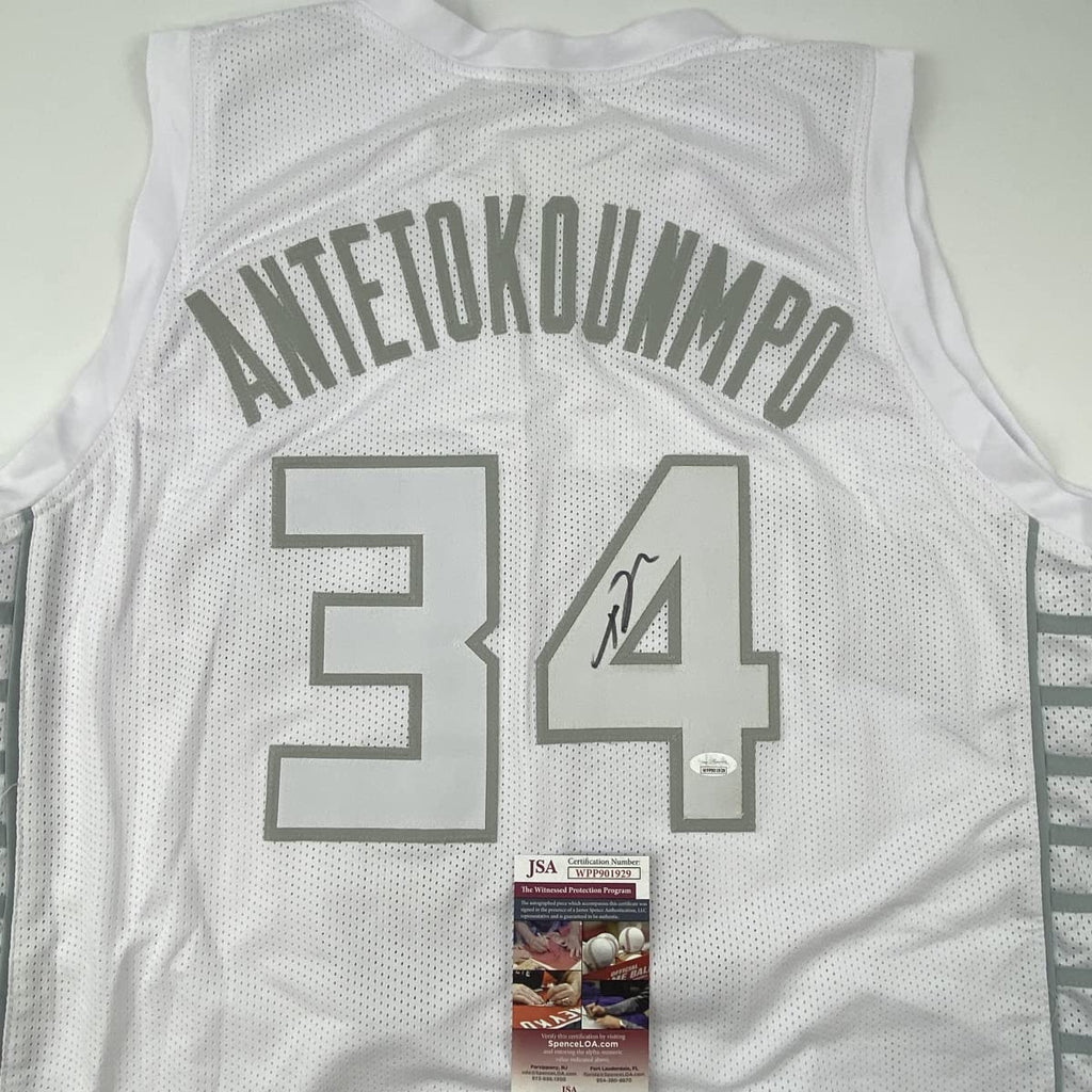 Autographed/Signed Giannis Antetokounmpo Milwaukee White Ice Basketball Jersey JSA COA