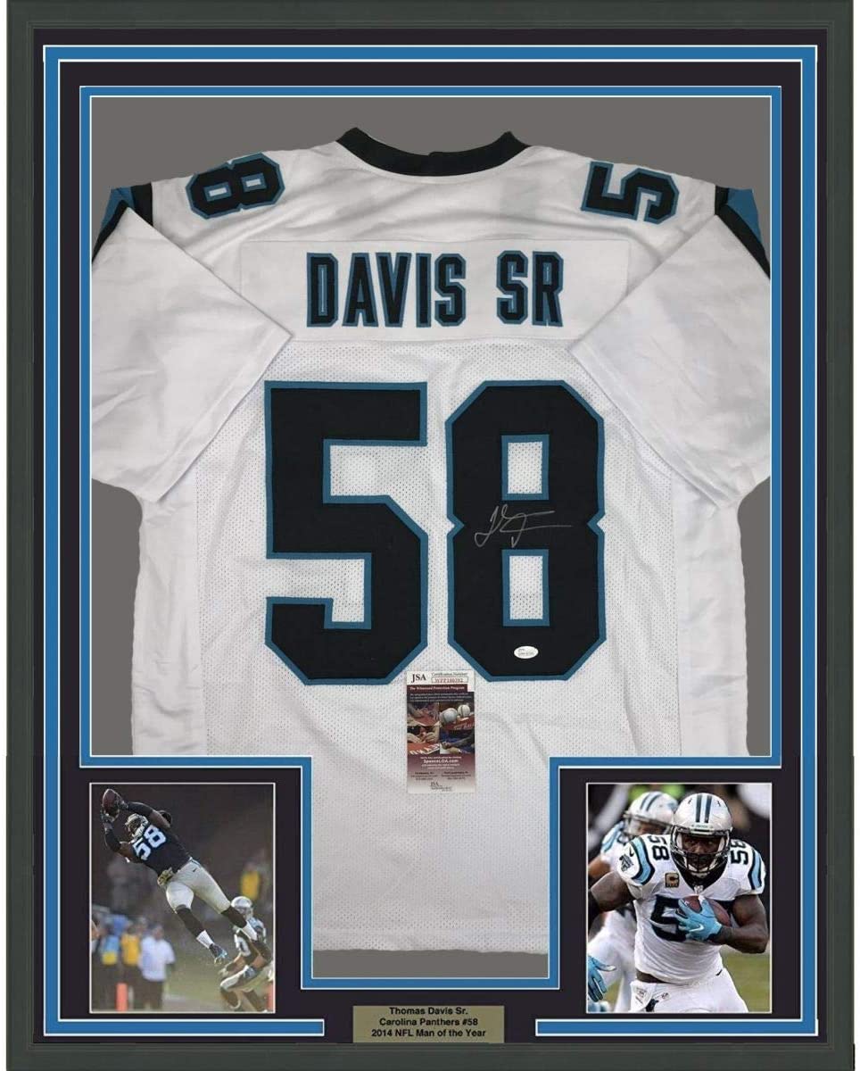 Framed Autographed/Signed Thomas Davis Sr. 35x39 Carolina White Football Jersey JSA COA