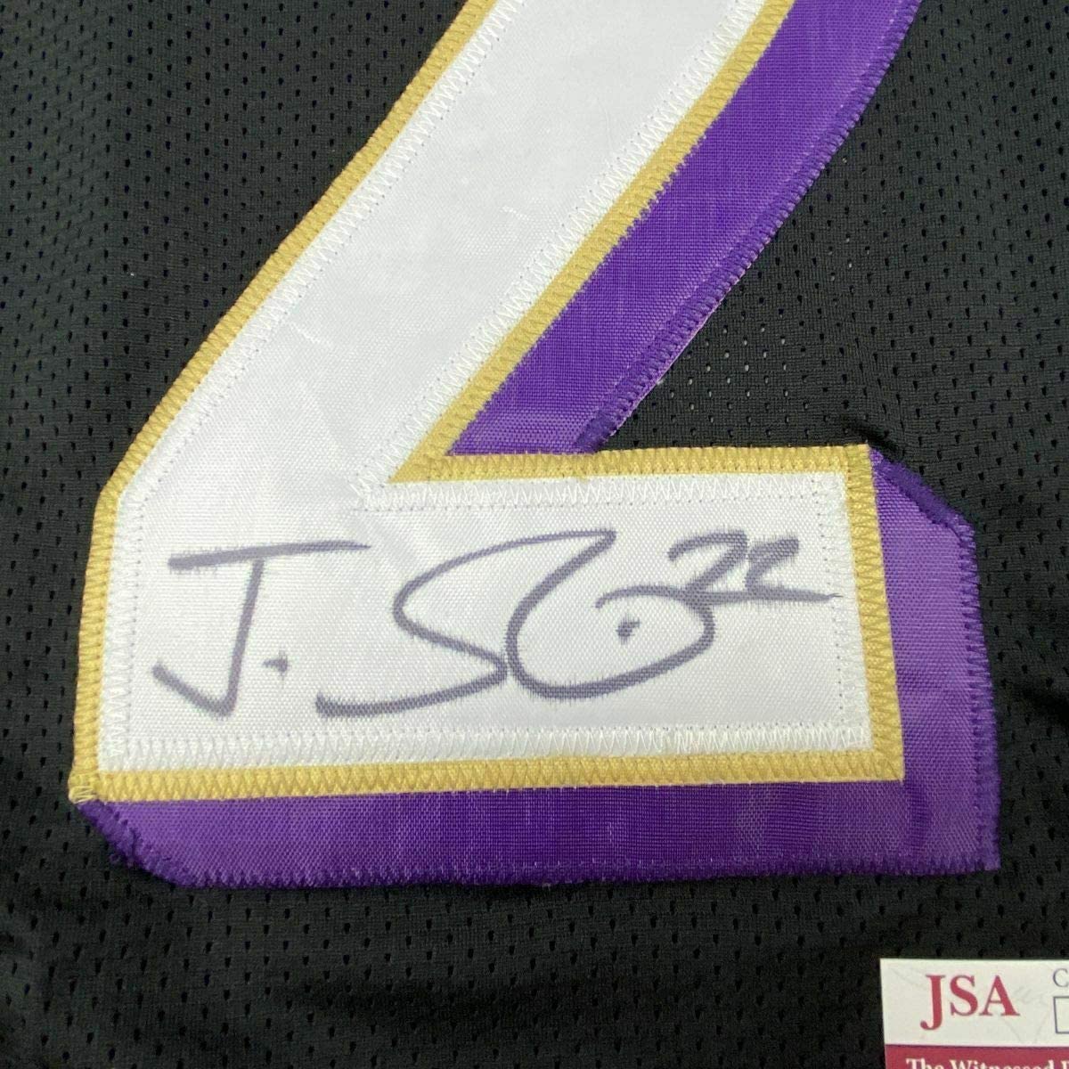 Framed Autographed/Signed Jimmy Smith 35x39 Baltimore Black Football Jersey JSA COA