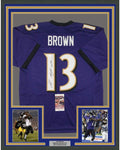 Framed Autographed/Signed John Brown 35x39 Baltimore Purple Football Jersey JSA COA