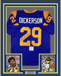 Framed Autographed/Signed Eric Dickerson 35x39 HOF 99 Los Angeles LA Blue Football Jersey Beckett BAS COA