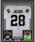 Framed Autographed/Signed Josh Jacobs 35x39 Las Vegas Oakland White Football Jersey Beckett BAS COA