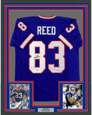 Framed Autographed/Signed Andre Reed HOF 14 35x39 Buffalo Blue Football Jersey PSA/DNA COA
