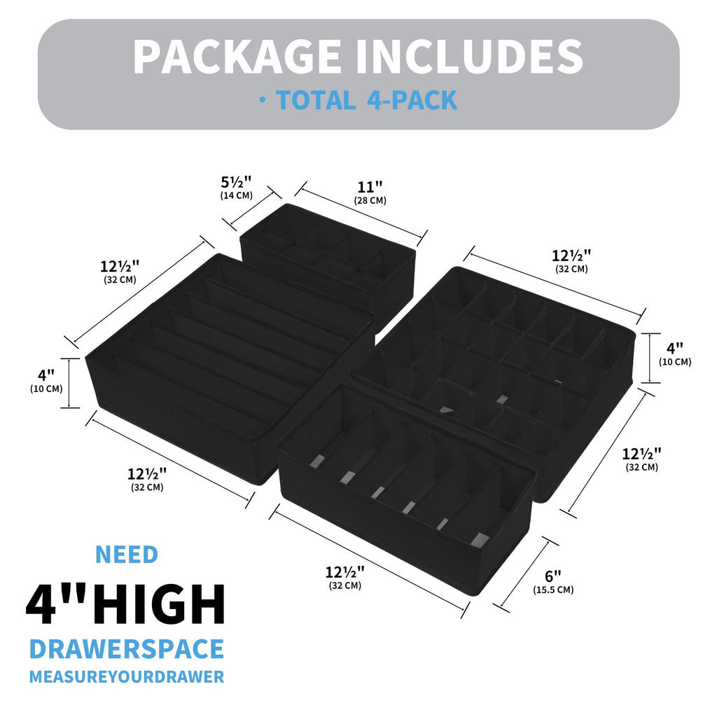 Cupic Cupid Drawer Organizer Set of 4 Foldable Black Closet Dividers