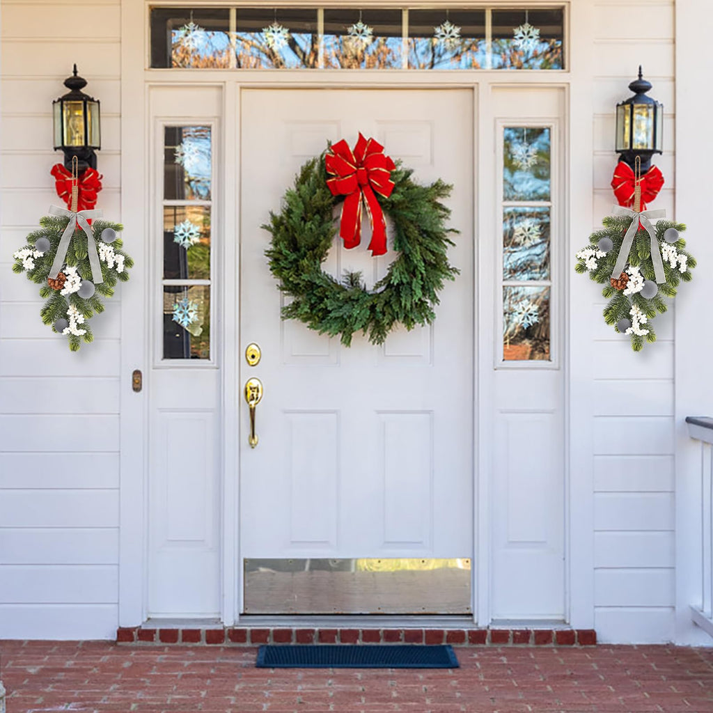 Super Holiday Christmas 2PCS Artificial Green Plant Wreaths Grey Velvet Bow