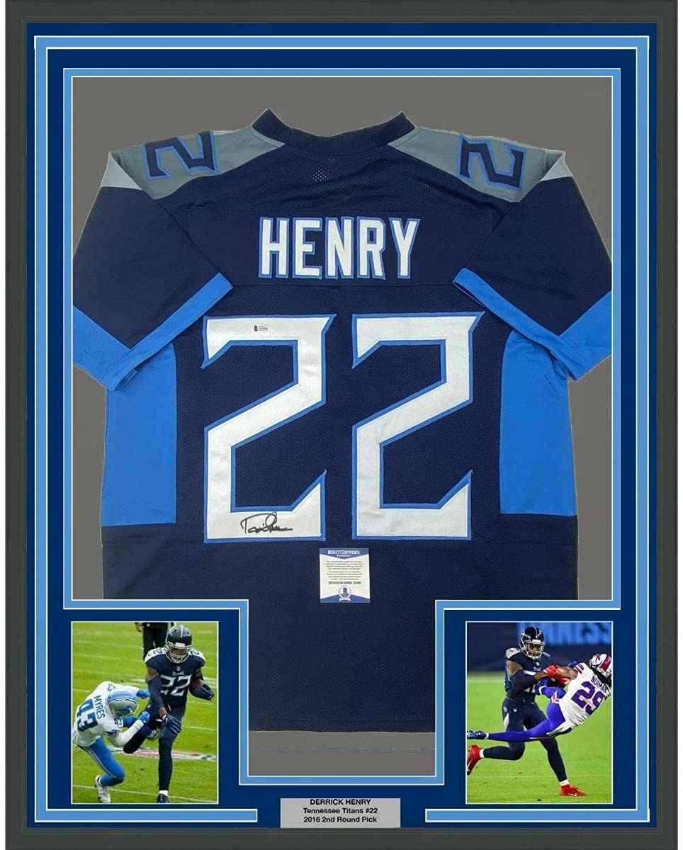 Framed Autographed/Signed Derrick Henry 35x39 Tennessee Dark Blue Football Jersey Beckett BAS COA