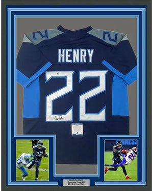 Framed Autographed/Signed Derrick Henry 35x39 Tennessee Dark Blue Football Jersey Beckett BAS COA