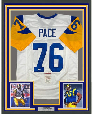 Framed Autographed/Signed Orlando Pace 35x39 Los Angeles White Football Jersey JSA COA