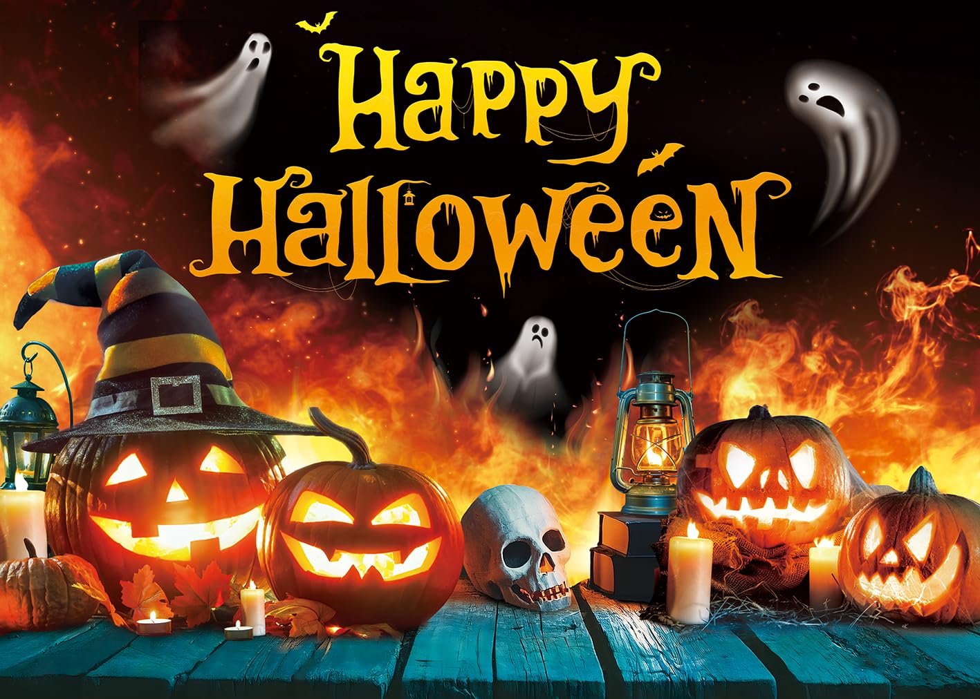Happy Halloween Backdrop Ghost Pumpkin Flame Haunted House Party Banner 6x4FT