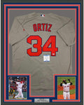Framed Autographed/Signed David Ortiz 35x39 Boston Grey Baseball Jersey JSA COA