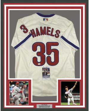 Framed Autographed/Signed Cole Hamels 35x39 Philadelphia Cream Baseball Jersey JSA COA