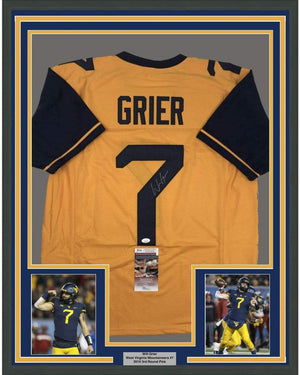 Framed Autographed/Signed Will Grier 35x39 West Virginia Yellow College Football Jersey JSA COA