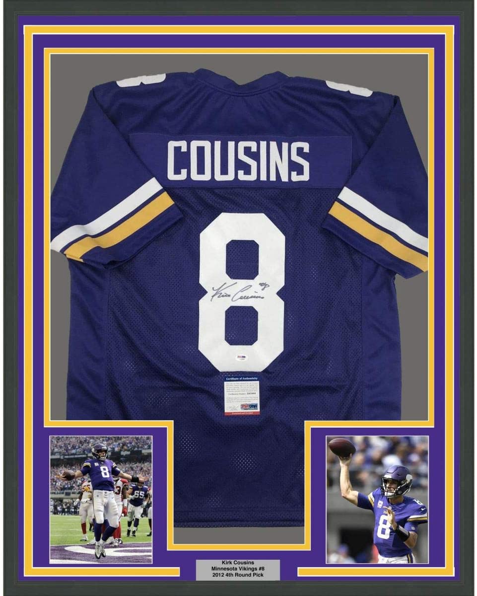 Framed Autographed/Signed Kirk Cousins 35x39 Minnesota Purple Football Jersey PSA/DNA COA