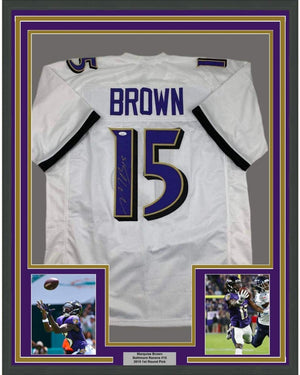 Framed Autographed/Signed Marquise Brown 35x39 Baltimore White Football Jersey JSA COA