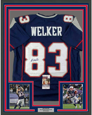 Framed Autographed/Signed Wes Welker 35x39 New England Blue Football Jersey JSA COA