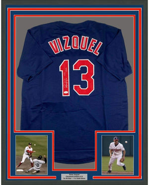 Framed Autographed/Signed Omar Vizquel 11x GG 35x39 Cleveland Blue Baseball Jersey JSA COA