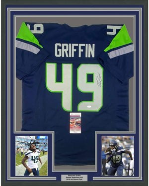 Framed Autographed/Signed Shaquem Griffin 35x39 Seattle Blue Football Jersey JSA COA